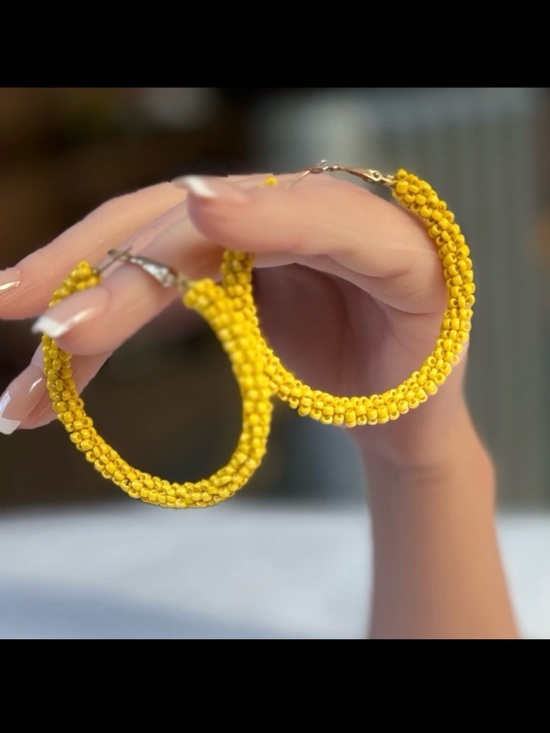 Unsigned Jewelry - Bright Yellow Seed Bead Hoop Earrings Boho Summer Festival Vibes